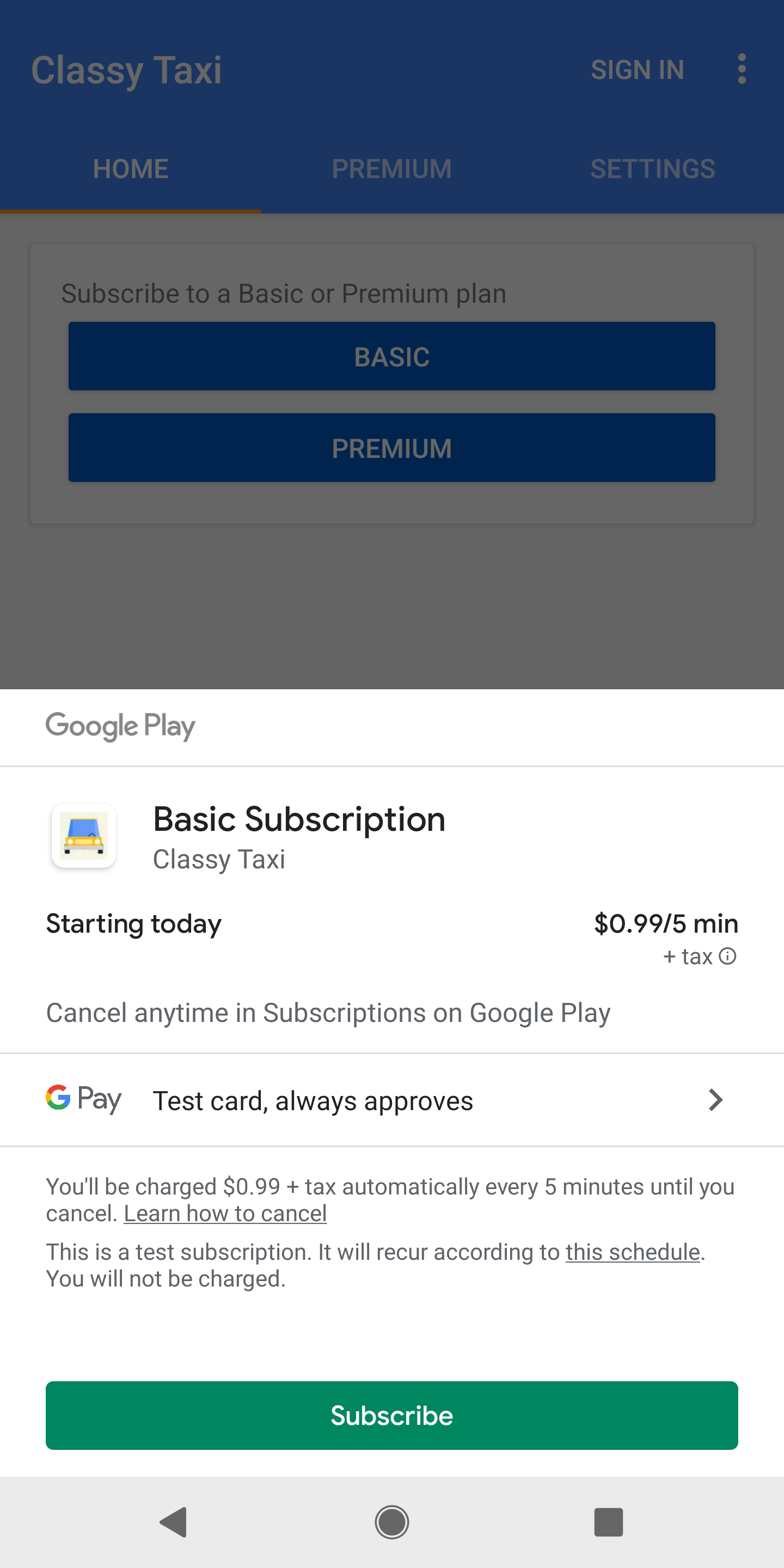 the google play purchase screen shows a subscription that is
available for purchase